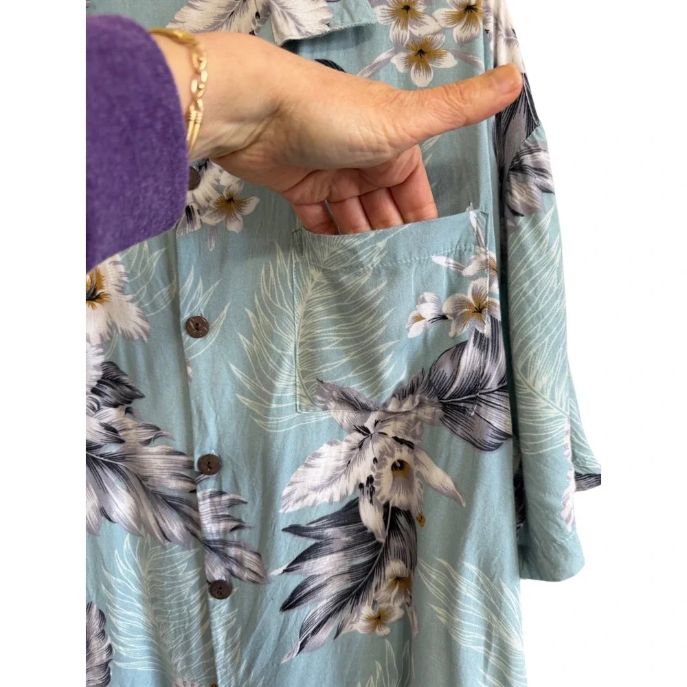 Hula Hula Hawaii‎ Mens Large Blue Floral Rayon Aloha Shirt Coconut Buttons